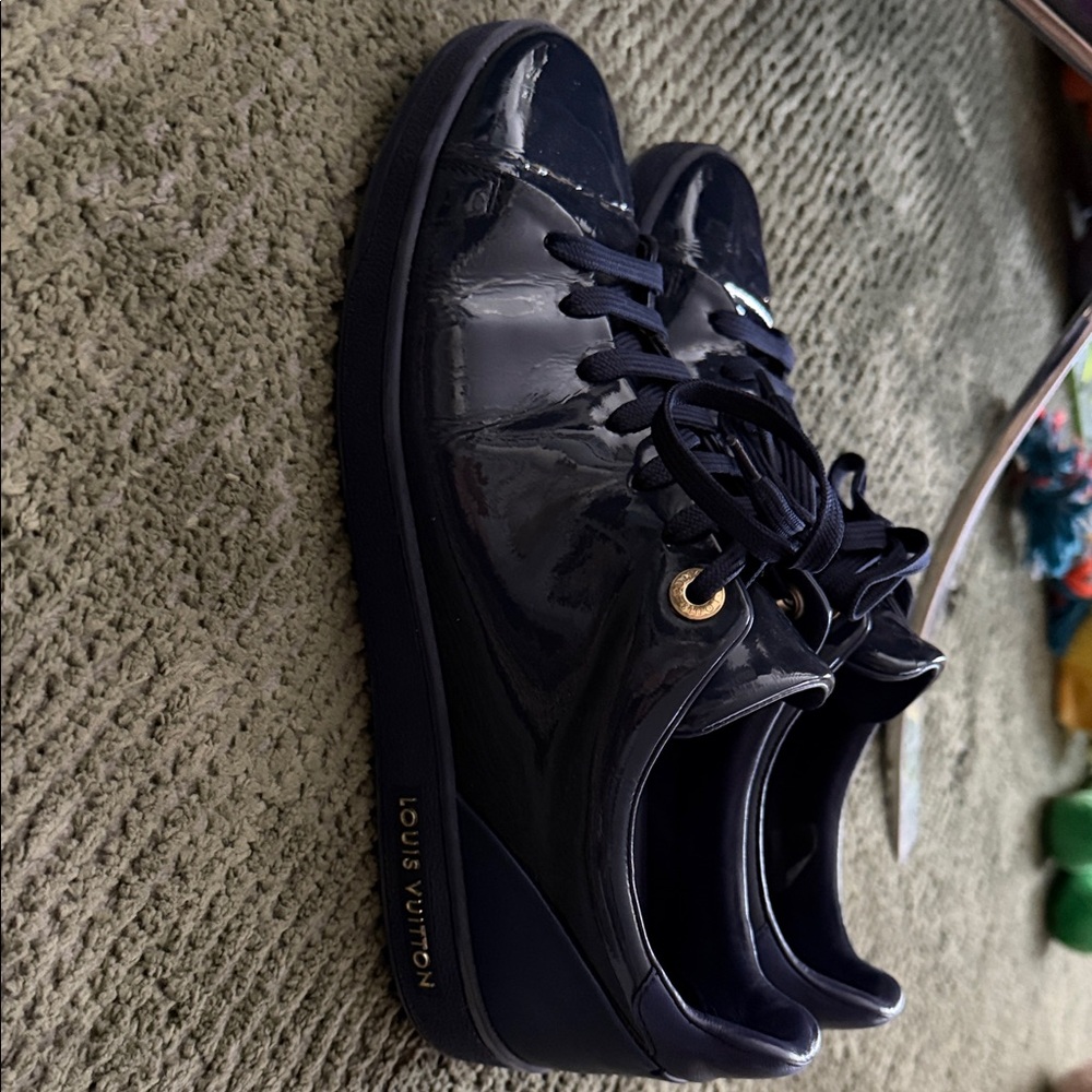 Louis Vuitton Patent Low-Top Sneakers in Navy with Gold Accents